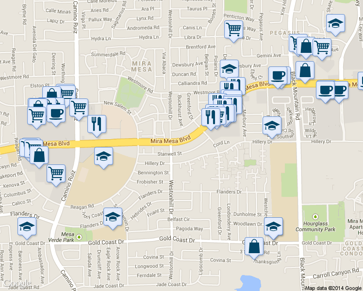 map of restaurants, bars, coffee shops, grocery stores, and more near 8780 Mira Mesa Boulevard in San Diego