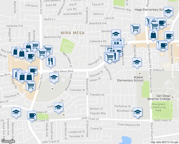 map of restaurants, bars, coffee shops, grocery stores, and more near 8780 Mira Mesa Boulevard in San Diego