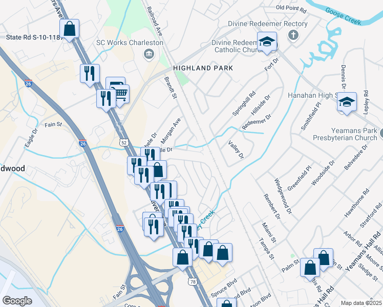 map of restaurants, bars, coffee shops, grocery stores, and more near 6262 Lucille Drive in North Charleston