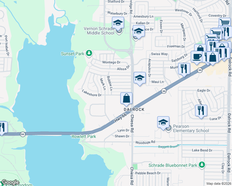 map of restaurants, bars, coffee shops, grocery stores, and more near 7102 Timberline Drive in Rowlett