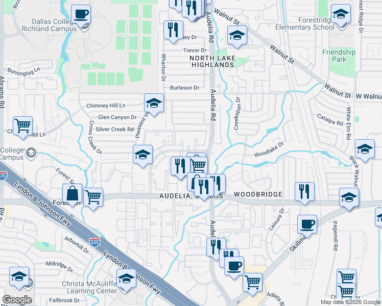 map of restaurants, bars, coffee shops, grocery stores, and more near 12111 Audelia Road in Dallas