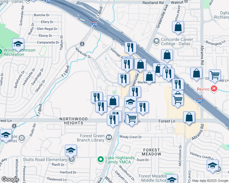 map of restaurants, bars, coffee shops, grocery stores, and more near 4 Markville Drive in Dallas