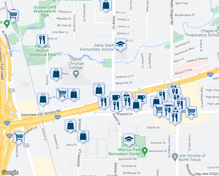 map of restaurants, bars, coffee shops, grocery stores, and more near 11993 Josey Lane in Dallas