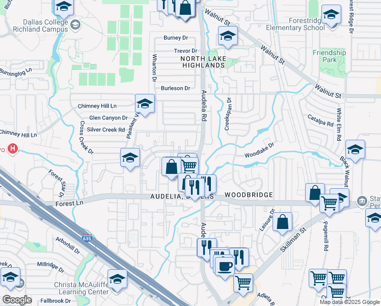 map of restaurants, bars, coffee shops, grocery stores, and more near 11991 Audelia Road in Dallas