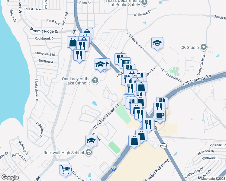 map of restaurants, bars, coffee shops, grocery stores, and more near 1000 West Yellow Jacket Lane in Rockwall