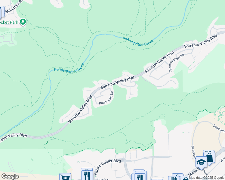 map of restaurants, bars, coffee shops, grocery stores, and more near 5489 Panoramic Lane in San Diego