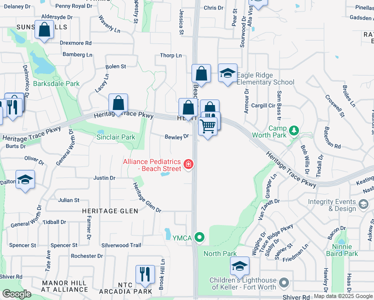 map of restaurants, bars, coffee shops, grocery stores, and more near 9557 North Beach Street in Fort Worth
