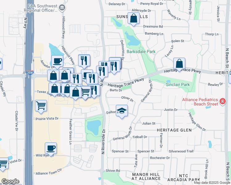 map of restaurants, bars, coffee shops, grocery stores, and more near 3525 Burts Drive in Fort Worth