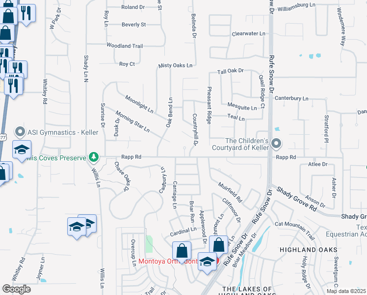 map of restaurants, bars, coffee shops, grocery stores, and more near 675 Rapp Road in Keller