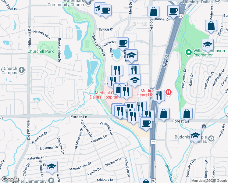 map of restaurants, bars, coffee shops, grocery stores, and more near 7777 Forest Lane in Dallas