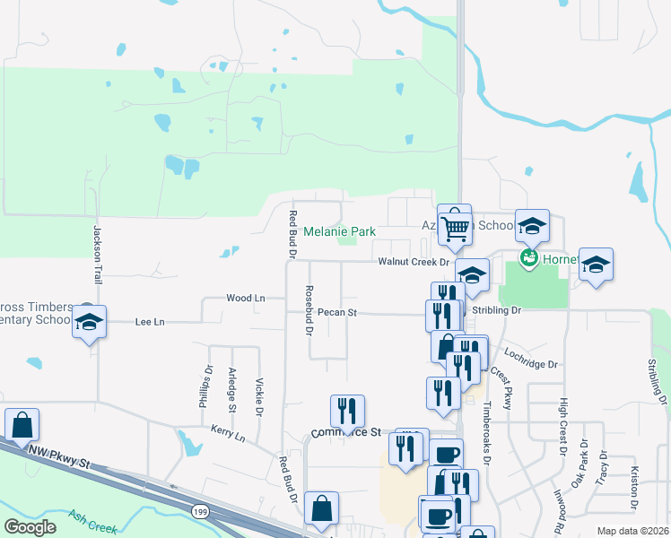 map of restaurants, bars, coffee shops, grocery stores, and more near 501 Walnut Creek Drive in Azle