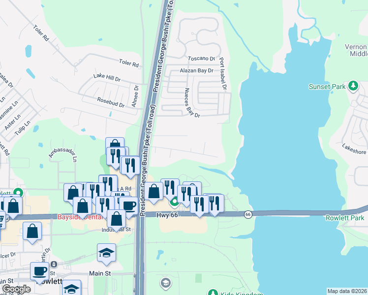 map of restaurants, bars, coffee shops, grocery stores, and more near 5305 Flamingo Drive in Rowlett