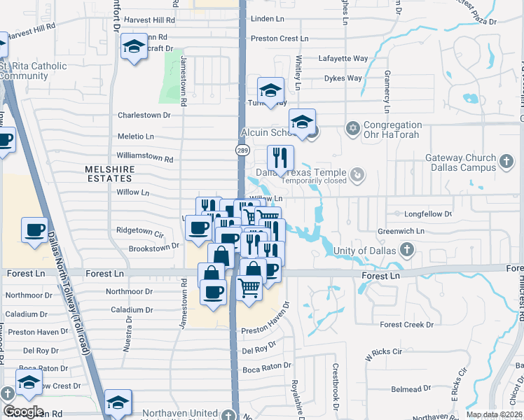 map of restaurants, bars, coffee shops, grocery stores, and more near 12065 De Or Drive in Dallas