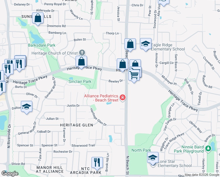 map of restaurants, bars, coffee shops, grocery stores, and more near 9524 Peat Court in Fort Worth