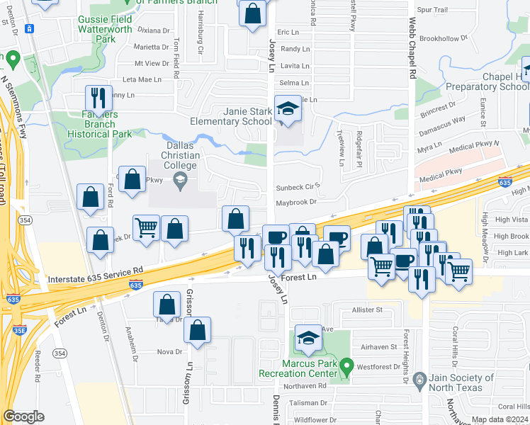 map of restaurants, bars, coffee shops, grocery stores, and more near 11993 Josey Lane in Dallas