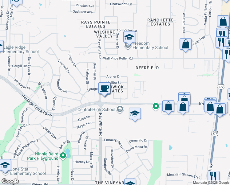 map of restaurants, bars, coffee shops, grocery stores, and more near 5209 Sioux Creek Lane in Fort Worth