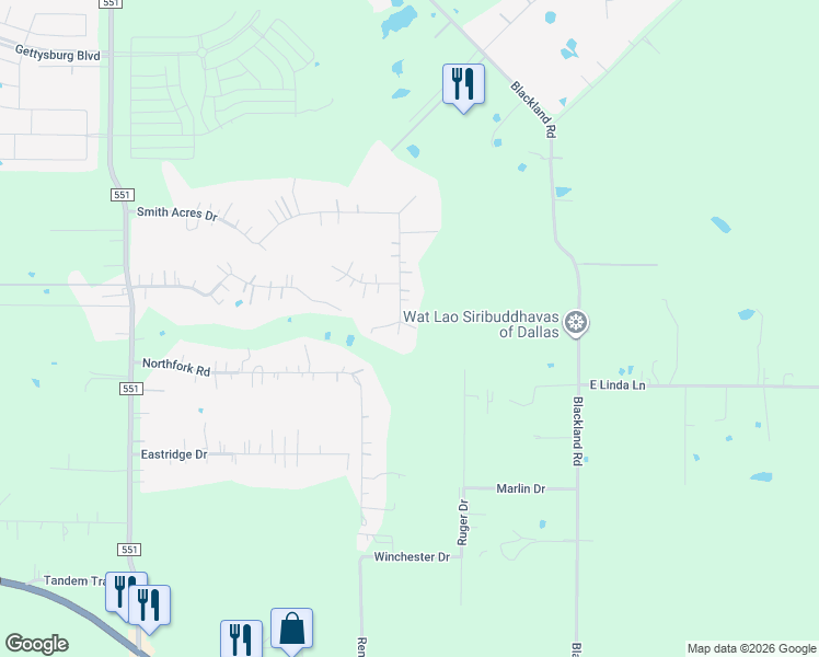 map of restaurants, bars, coffee shops, grocery stores, and more near 38 Eastview Drive in Royse City