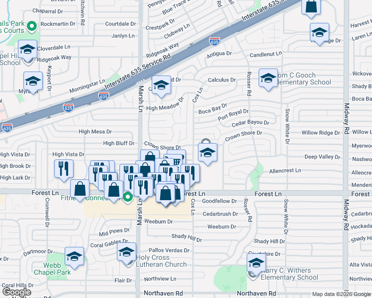 map of restaurants, bars, coffee shops, grocery stores, and more near 3786 Crown Shore Drive in Dallas