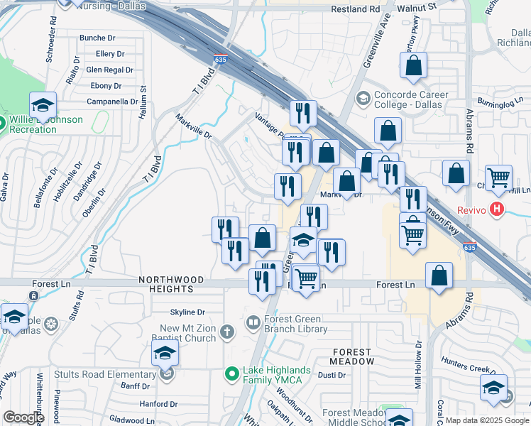 map of restaurants, bars, coffee shops, grocery stores, and more near 9050 Markville Drive in Dallas