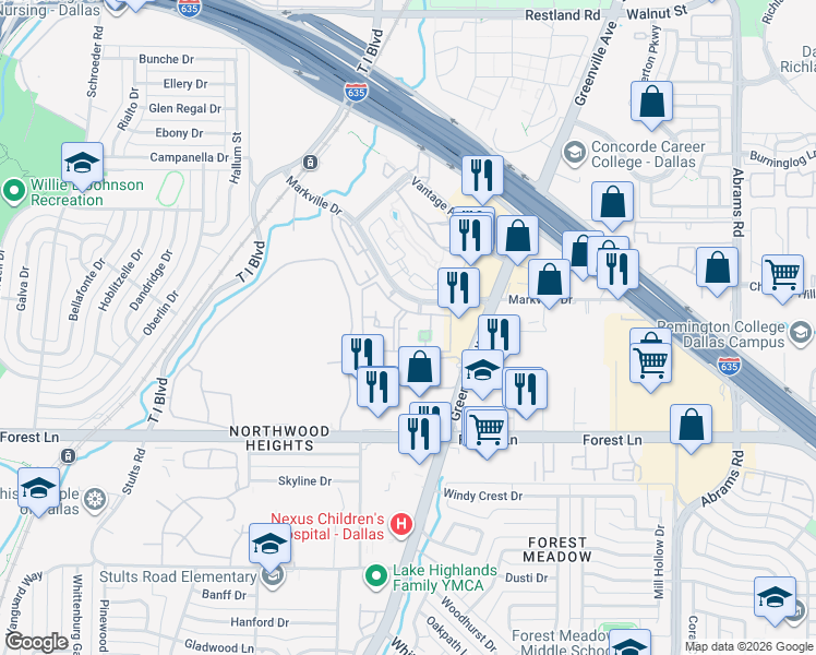 map of restaurants, bars, coffee shops, grocery stores, and more near 9050 Markville Drive in Dallas