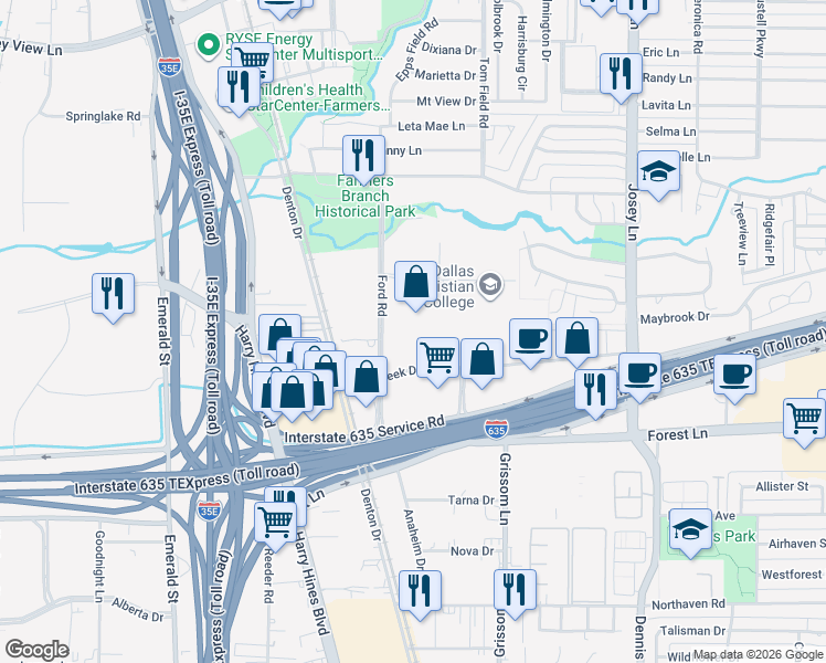 map of restaurants, bars, coffee shops, grocery stores, and more near 12100 Ford Rd in Dallas