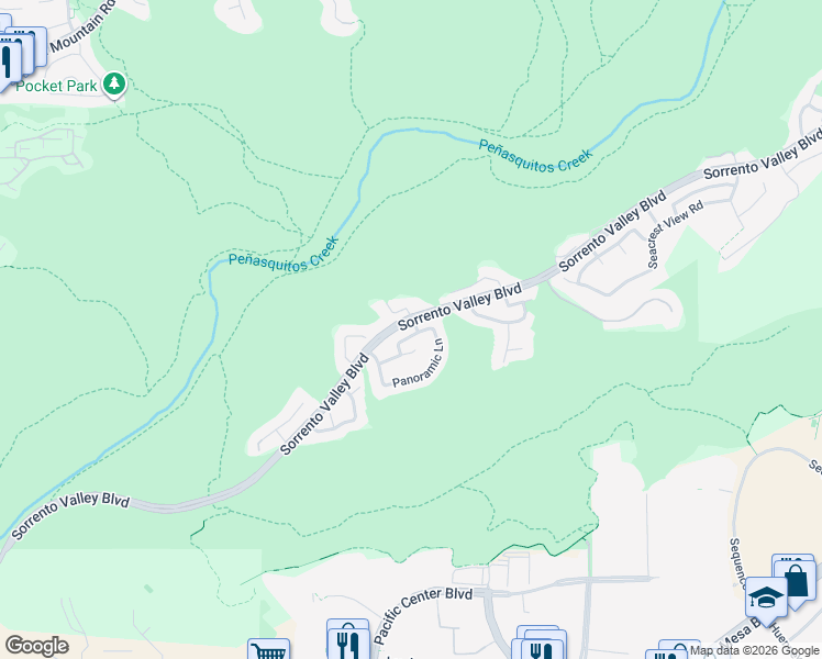 map of restaurants, bars, coffee shops, grocery stores, and more near 10716 Passerine Way in San Diego