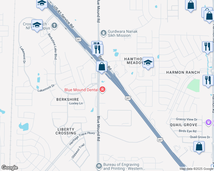 map of restaurants, bars, coffee shops, grocery stores, and more near 9840 Blue Mound Road in Fort Worth