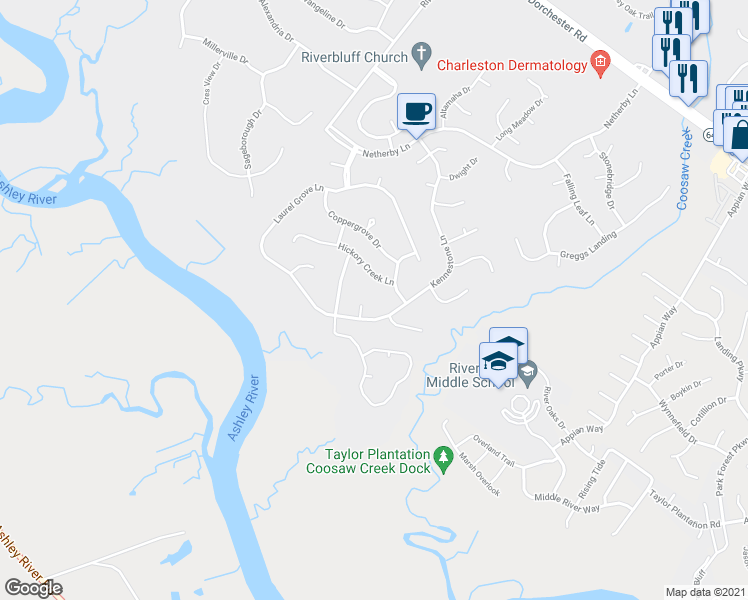 map of restaurants, bars, coffee shops, grocery stores, and more near 5408 Red Fork Lane in Charleston
