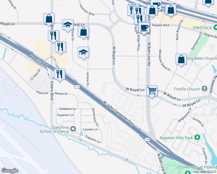 map of restaurants, bars, coffee shops, grocery stores, and more near 3929 West John Carpenter Freeway in Irving