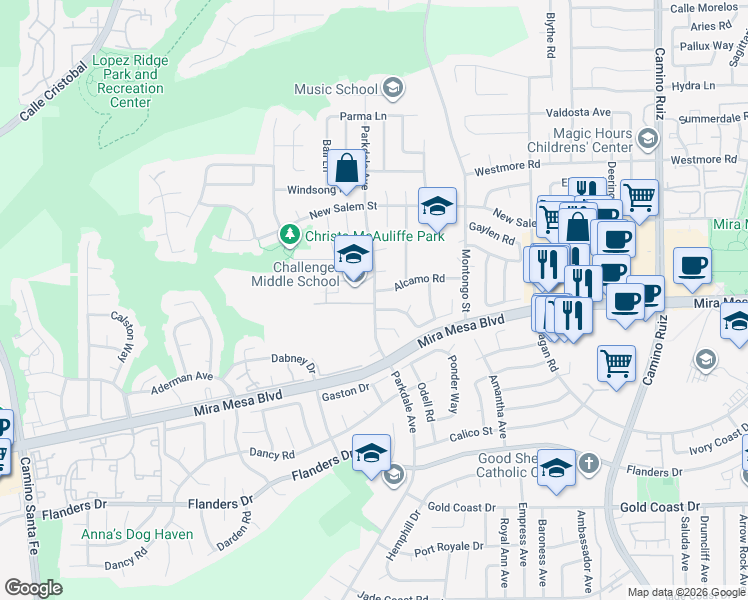 map of restaurants, bars, coffee shops, grocery stores, and more near 7709 Alcamo Road in San Diego