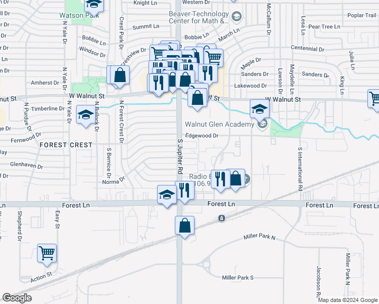 map of restaurants, bars, coffee shops, grocery stores, and more near 200 South Jupiter Road in Garland