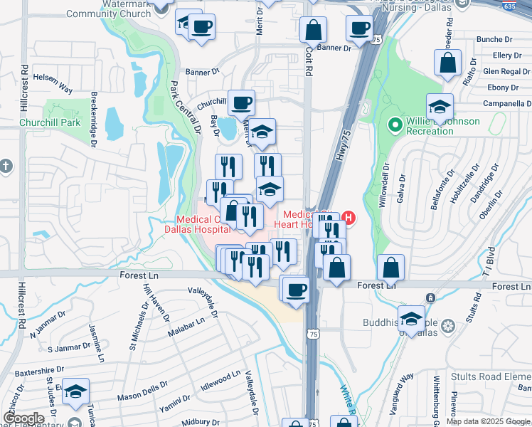 map of restaurants, bars, coffee shops, grocery stores, and more near 2 Kingfish Lane in Dallas