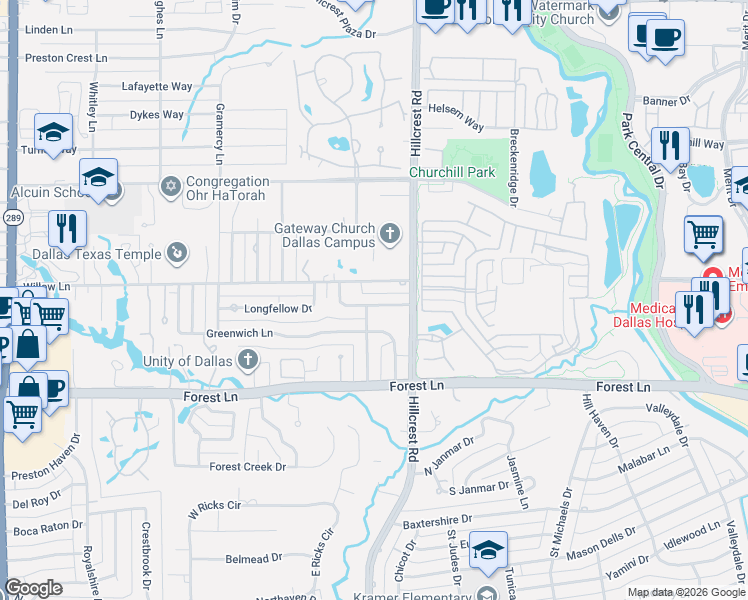 map of restaurants, bars, coffee shops, grocery stores, and more near 6821 Bradbury Lane in Dallas