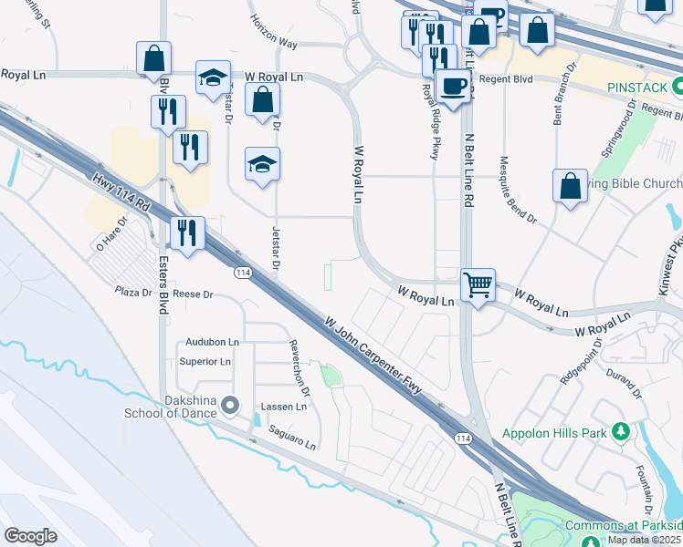 map of restaurants, bars, coffee shops, grocery stores, and more near 3929 West John Carpenter Freeway in Irving