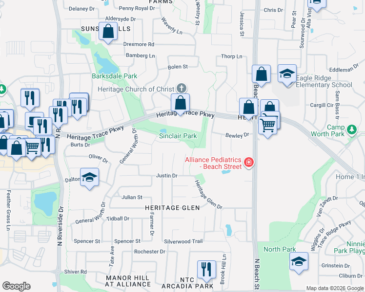 map of restaurants, bars, coffee shops, grocery stores, and more near 4140 Willingham Court in Fort Worth