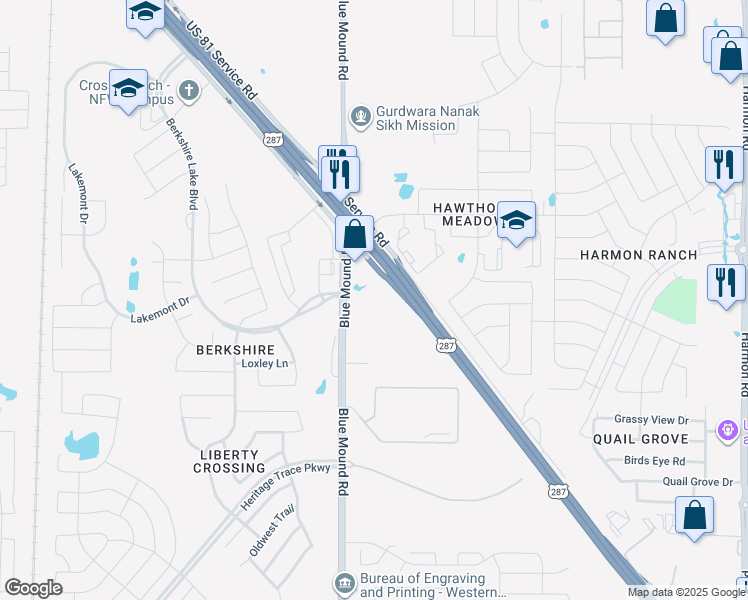 map of restaurants, bars, coffee shops, grocery stores, and more near 9840 Blue Mound Road in Fort Worth