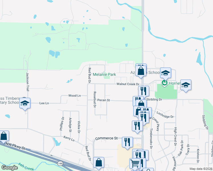 map of restaurants, bars, coffee shops, grocery stores, and more near 501 Walnut Creek Drive in Azle