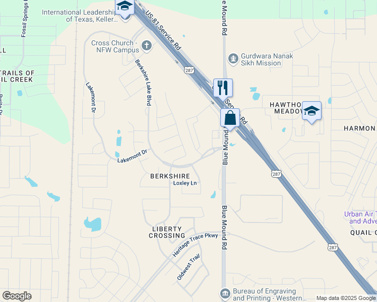 map of restaurants, bars, coffee shops, grocery stores, and more near 9912 Haversham Drive in Fort Worth