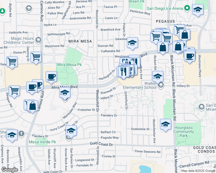 map of restaurants, bars, coffee shops, grocery stores, and more near 8815 Mira Mesa Boulevard in San Diego
