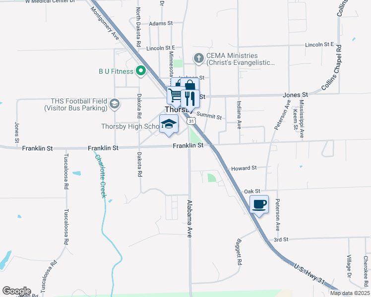 map of restaurants, bars, coffee shops, grocery stores, and more near 2831 County Road 37 in Thorsby