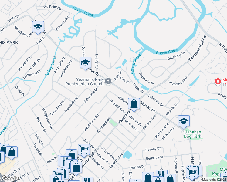 map of restaurants, bars, coffee shops, grocery stores, and more near 5923 Murray Drive in Hanahan