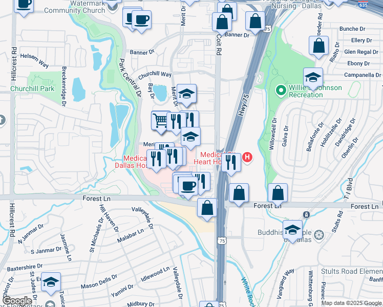 map of restaurants, bars, coffee shops, grocery stores, and more near 2 Kingfish Lane in Dallas