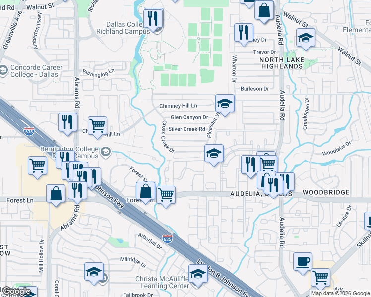 map of restaurants, bars, coffee shops, grocery stores, and more near 12128 Cross Creek Dr in Dallas