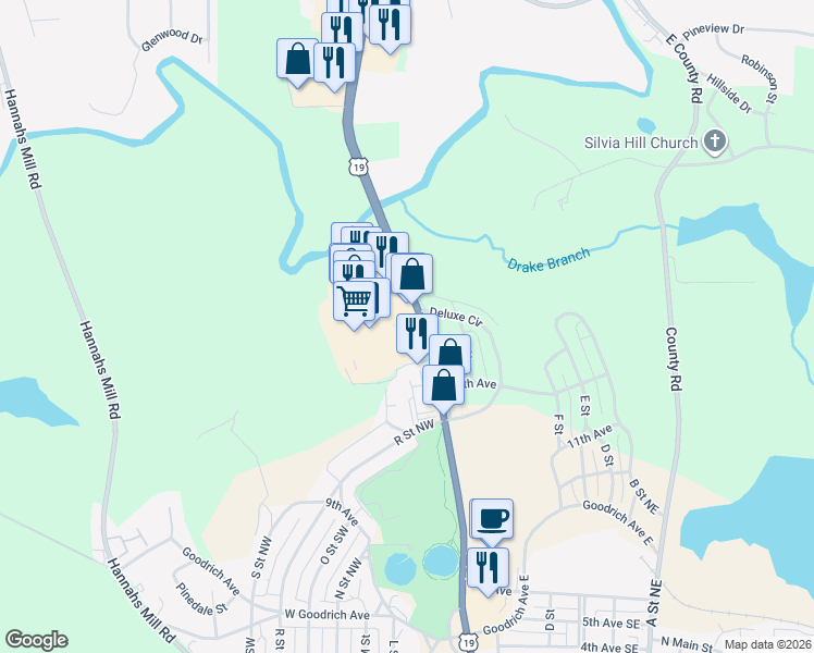 map of restaurants, bars, coffee shops, grocery stores, and more near 851 North Church Street in Thomaston