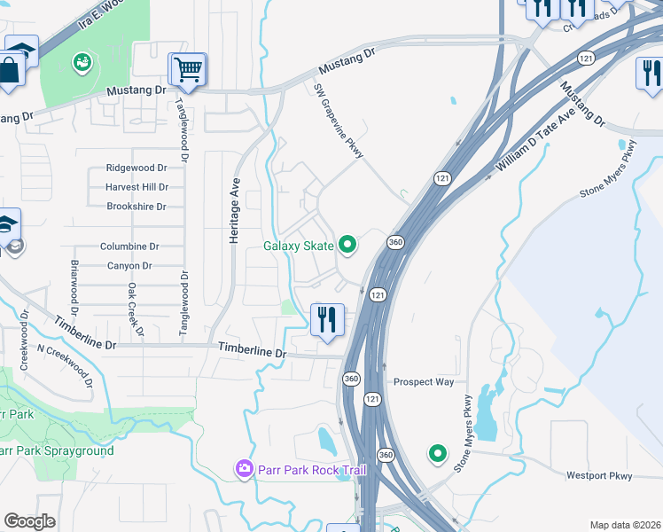 map of restaurants, bars, coffee shops, grocery stores, and more near 2400 Grayson Drive in Grapevine