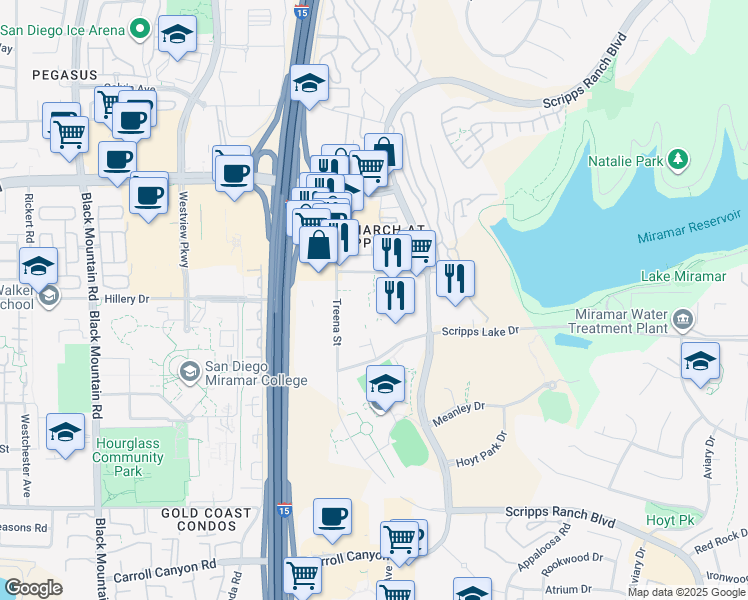 map of restaurants, bars, coffee shops, grocery stores, and more near 9909 Hibert Street in San Diego