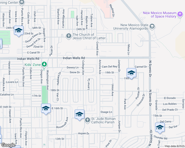map of restaurants, bars, coffee shops, grocery stores, and more near 2102 Snow Drive in Alamogordo