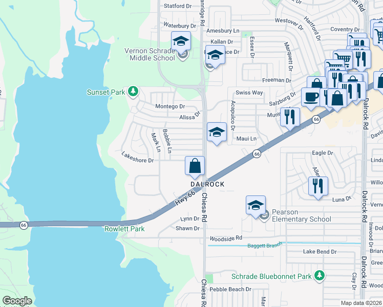 map of restaurants, bars, coffee shops, grocery stores, and more near 7214 Timberline Drive in Rowlett