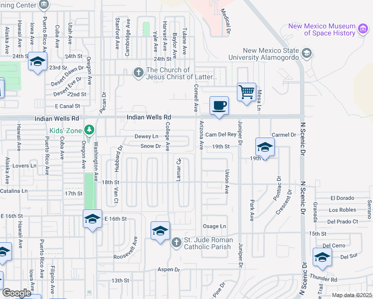 map of restaurants, bars, coffee shops, grocery stores, and more near 2102 Snow Drive in Alamogordo