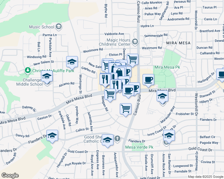 map of restaurants, bars, coffee shops, grocery stores, and more near 8160 Mira Mesa Boulevard in San Diego